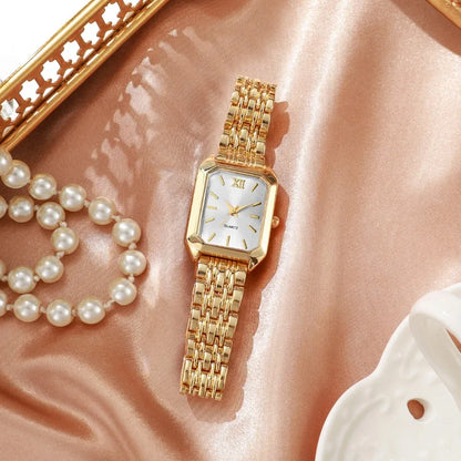 5PCS Womens Elegant Rectangle Rhinestone Quartz Watch Jewelry Set Fashion Women Watches Reloj Mujer Girl Clock Gift（Without Box）
