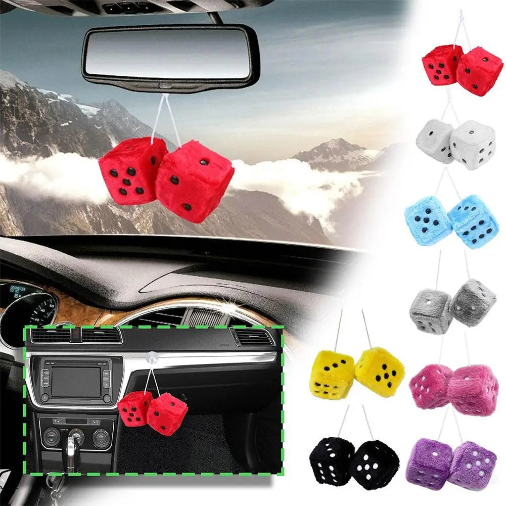2pcs Big Long Hair Hot Stamping Dot Dice Plush Toy Cube Pendant Car Ornament Sieve Anime Car Decoration Accessories Auto Pendant