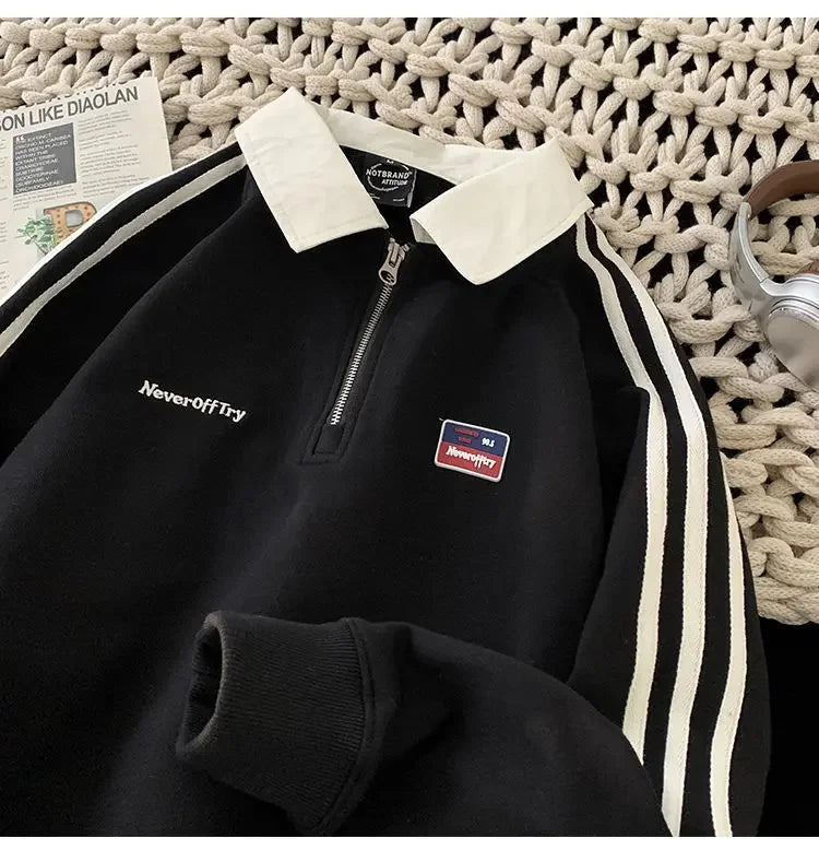 American Style Autumn Winter Oversize Sweatshirts Men Lapel Letter Zipper Printing Label Fashion Trend Long Sleeve Loose Hoodies