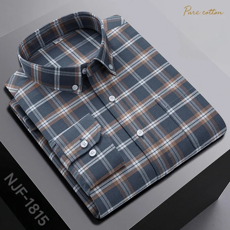 New In Shirt Oversize Long-Sleeve 100%Cotton Shirts for Men Slim Fit Formal Plain Shirt Plaid Casual Tops Designer Black Clothes