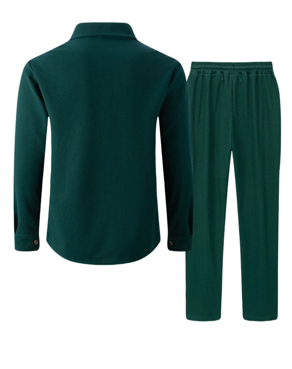 New autumn style waffle long-sleeved solid-color double-pocket buttoned cardigan shirt and pants set