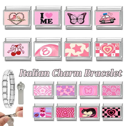 Wholesale Sweet Pink Series Stars Heart Flowers Butterfly Italian Link Fit 9mm Stainless Steel Bracelet Making DIY Charm Jewelry