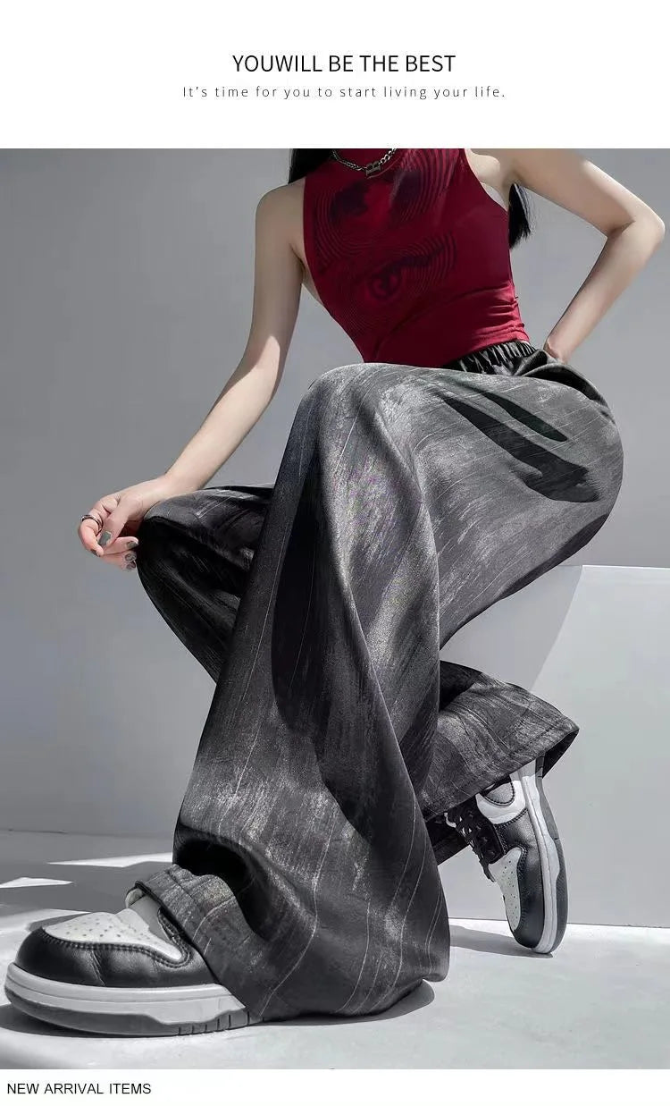 Summer Loose Straight Casual Draped Ice Silk Tie-Dye Wide-Leg Pants Grils Mosquito-proof Casual Trousers Women's Wide-leg Pants