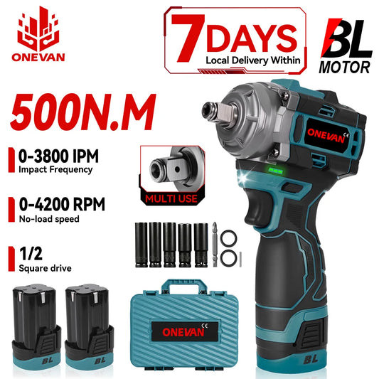 ONEVAN 500N.M Brushless Electric Impact Wrench Handheld Cordless Electric Screwdriver Wrench Power Tool With Lithium-Ion Battery