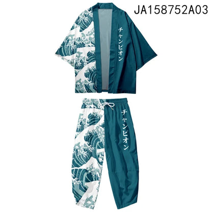 Large Size 5XL 6XL Japanese Kimono Cardigan Pants Set Print Fox Men Women Shirt Tradition Yukata Haori Obi Cosplay Costume