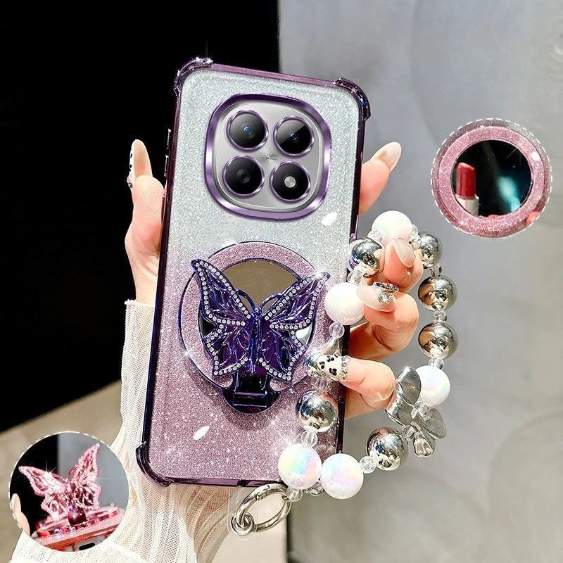 Glitter Butterfly Mirror Crystal Bracelet Case For Xiaomi Redmi Note 15 15C 14 14C 13 13C 12 11 Pro Plus 4G 5G Shockproof Cover