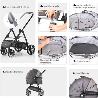 STLFHot Sale 3 in 1 Lightweight Aluminum Pet Stroller 4 Wheels Foldable Multifunction Travel System for Small Medium Dogs Cats
