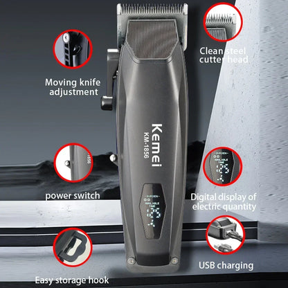Kemei KM-1856 Professional Hair Clipper LED Display Cordless USB Interface Professional Men's Haircut Machine Hair Cutting