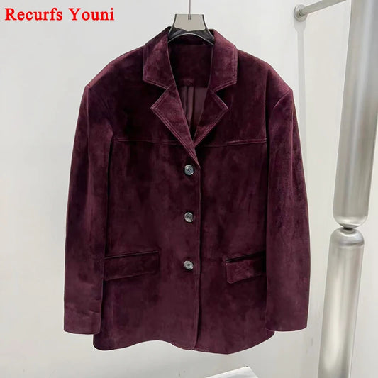 French High-end Western-style Leather Jacket for Women 2026 New Color Purple Red Oversized Casual Kid Suede Suit Blazer Outwears