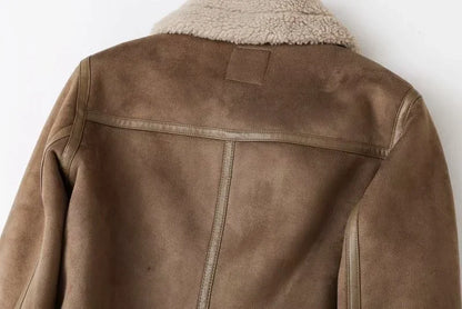 Winter Faux Shearling Sheepskin Fake Leather Jackets Lady Thick Warm Suede Lambs Motorcycle Brown Coats Mujer Chaqueta A407