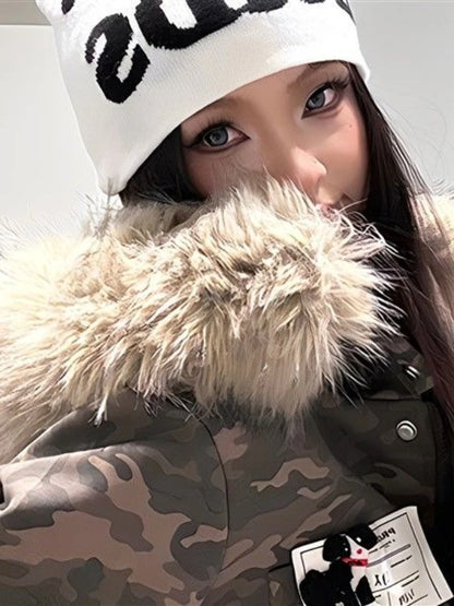 Casual Y2K Vintage Streetwear Slim Fit Winter Coat Fur Collar Hoodie Jacket American Retro Warm Outerwear Women Girls Ladies New