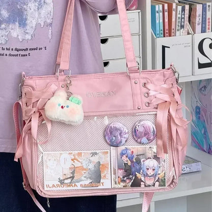 College Style Crossbody Bag with Ribbon Large Capacity for Class Book Carrying Mailman Bag Girls Bow JK Shoulder Ita Bag Handbag