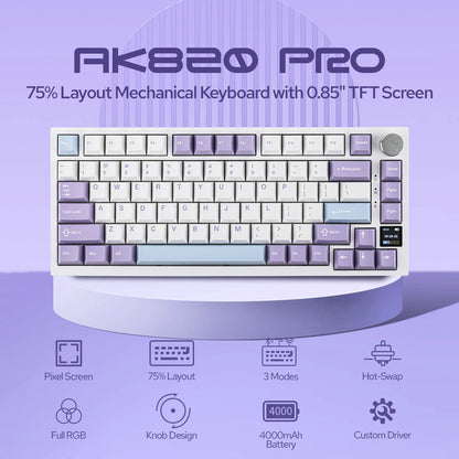 Ajazz AK820 Pro 75% Gasket-mounted Bluetooth 5.1/2.4G Wireless & Wired Mechanical Keyboard with TFT Screen for Gaming