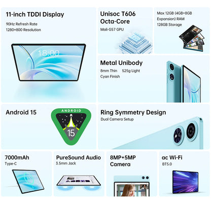 Teclast Tablet P50 Case Android 15 11" T606 8-Core Max 12GB RAM 128GB ROM P50 Case/Keyboard/Mouse/Stylus/Headphone/Stand