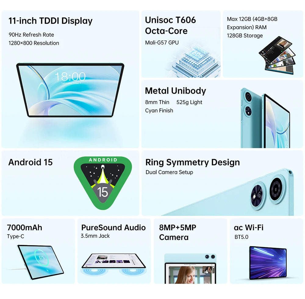 Teclast Tablet P50 Set Android 15 11" T606 8-Core Max 12GB RAM 128GB ROM P50 Case/Keyboard/Mouse/Stylus/Headphone/Stand