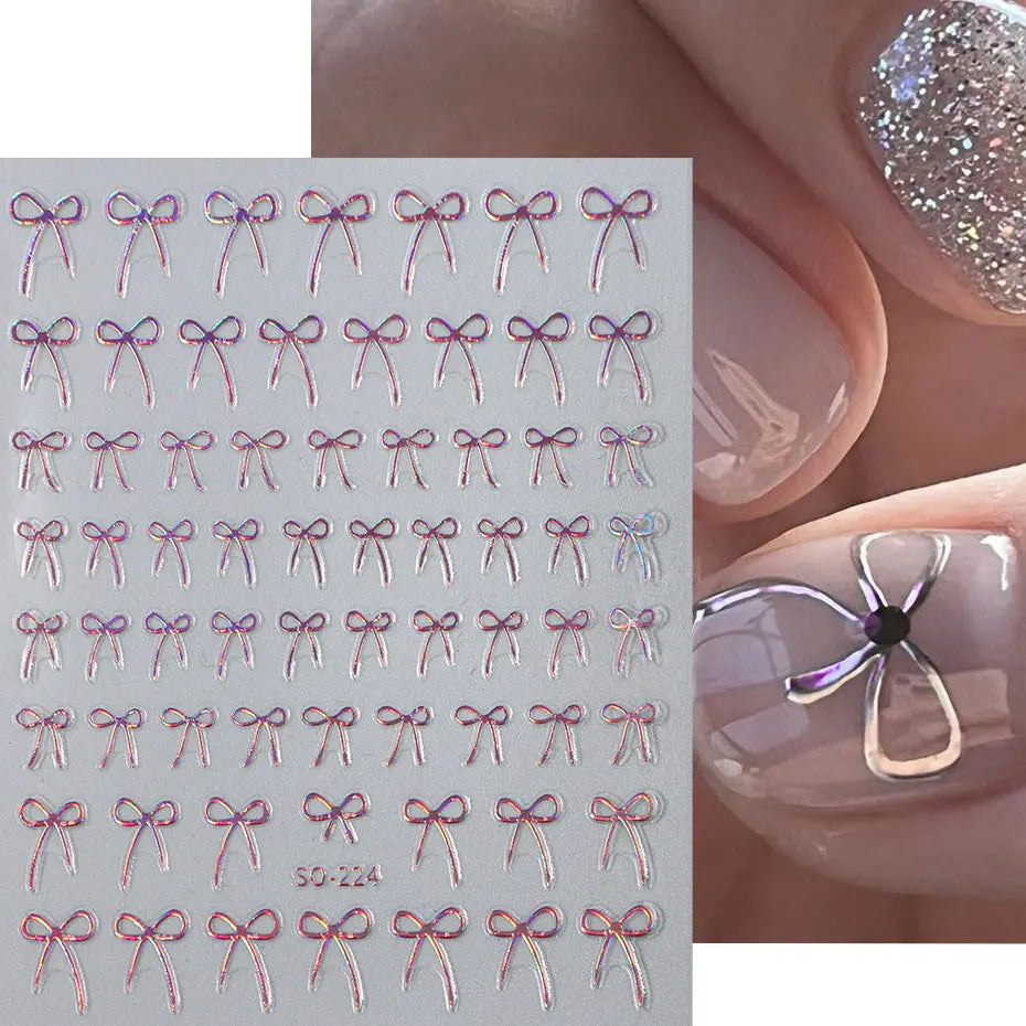 8pcs Mixed Color Bow Nail Art Stickers 3D Cute Red Black Pink bowknot Nail Charms Foils Y2K Gold Laser Effect Bow Manicure Decor
