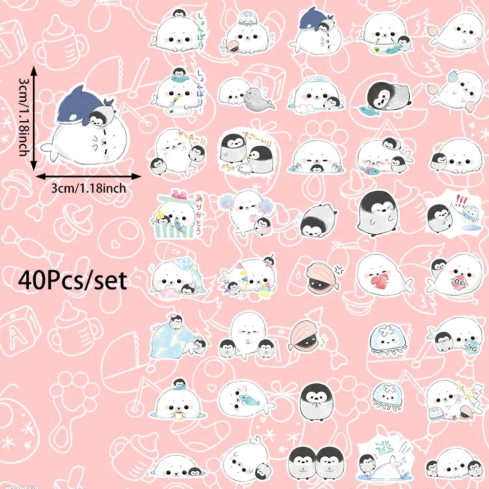 40pcs Cartoon Seal Penguin Stickers Can Be Used To Decorate Luggage Mirrors, Cabinets, Car Water Bottles, Etc., Self-Pasting