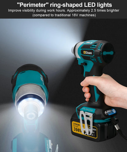 Gisam Cordless Electric Impact Screwdriver 688NM Power Tool Rechargeable Brushless Wrench Driver Kit for Makita 18V Battery Pins