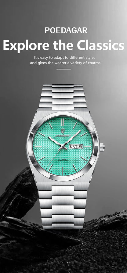 POEDAGAR Top Business Man Watch Luminous Waterproof Stainless Steel Men Wristwatch Date Week Quartz Fashion Casual Men's Watches