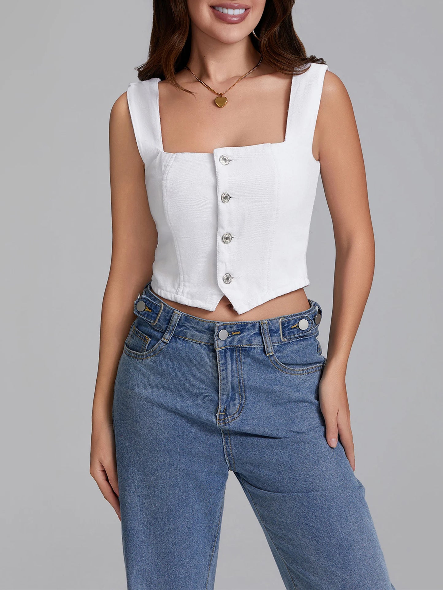 Summer Denim Tank Tops Women Slim Fit Square Neck Backless Back Shirred Sleeveless Button Down Crop Tops for Party Club Night