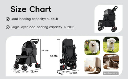 Dual‑Layer Pet Stroller Foldable Travel Dog Cat Cart Breathable Mesh Wagon with Cup Holder Storage Bag for Small Animals