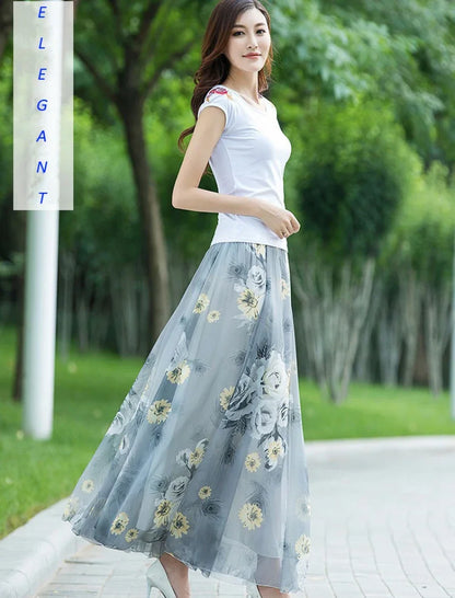 PTKPCC New Chiffon Floral Maxi Summer Skirt Women Long High Waist Holiday Dance Skirt Elegant Beach Boho Hot Sale  Skirts