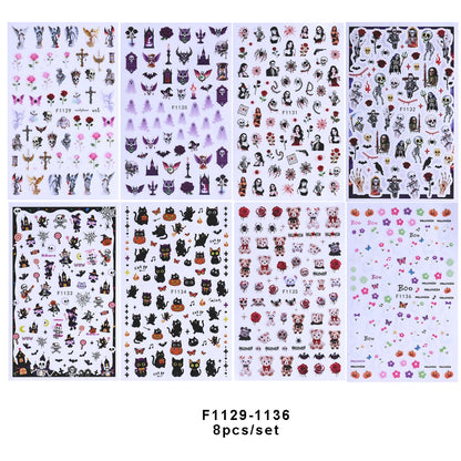 7/8pcs 3D Gothic Black Halloween Nail Stickers Cool Design Alphabet Letter Lace Castle Skull Y2K Manicure Decoration Accessories