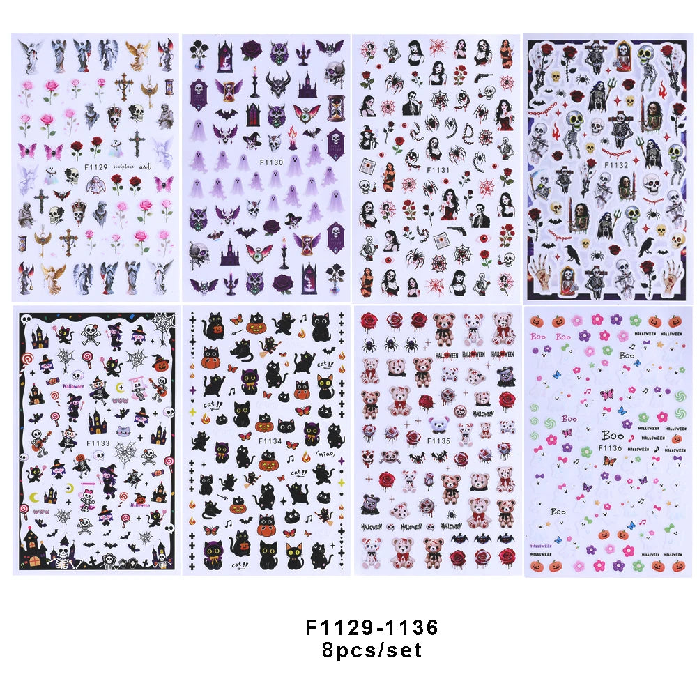 7/8pcs 3D Gothic Black Halloween Nail Stickers Cool Design Alphabet Letter Lace Castle Skull Y2K Manicure Decoration Accessories