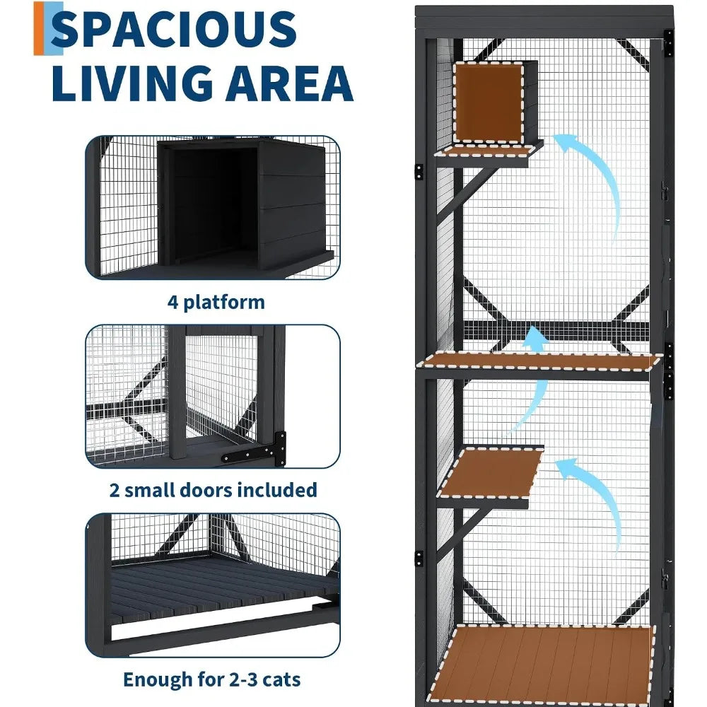 Garvee Black Walk-In Large Wooden Outdoor Catio Enclosure with 4 Lockable Rolling Wheels, Weatherproof Patio Cat House with Independent Rest Box, Spacious Garden Yard Cat Kennel for Multiple Cats