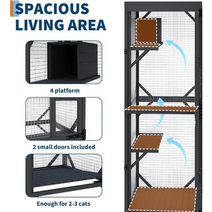 Garvee Black Walk-In Large Wooden Outdoor Catio Enclosure with 4 Lockable Rolling Wheels, Weatherproof Patio Cat House with Independent Rest Box, Spacious Garden Yard Cat Kennel for Multiple Cats