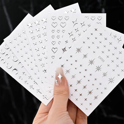 Metal Silver Nail Stickers Metallic 3D Star Nail Art Stickers Decals Self-Adhesive Nail Art Stickers Metal Chain Heart