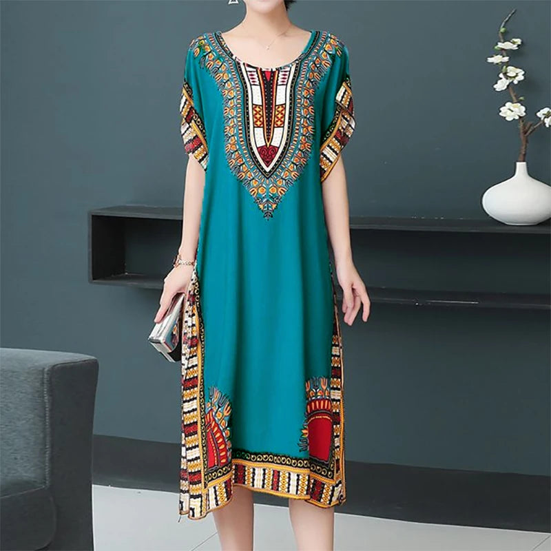 Casual Elegant Bohemian Printed Ethnic Style Retro Floral Woman Summer Street Wear Batwing Sleeve Loose Tunic Maternity Dress