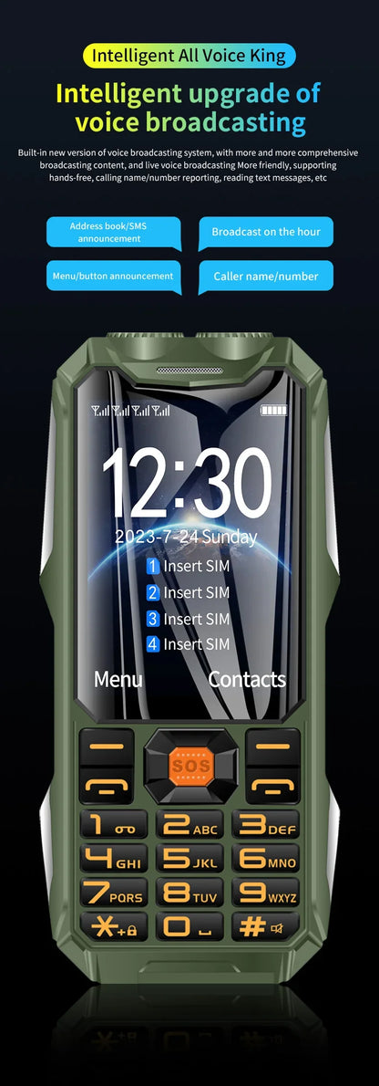 YEEMI Q9 GSM 2G&4G Network Mobile Phone 2G 4SIM 4G 2SIM Cards Rugged Bar Cellphone 3.5“ HD Display Big Battery Loud Sound Phone