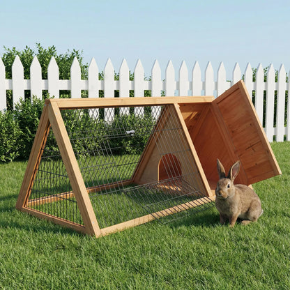 Large Rabbit cage Triangle 116x62.2x52.5 cm Metal Mesh Natural Wood with Doors for Small Animals Outdoor