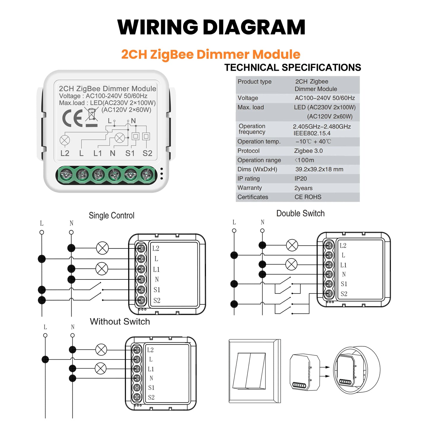 GIRIER Tuya Smart ZigBee 3.0 Dimmer Switch Module WiFi Breaker Relay for Dimmable Bulb Supports 2-way Control Works with Alexa