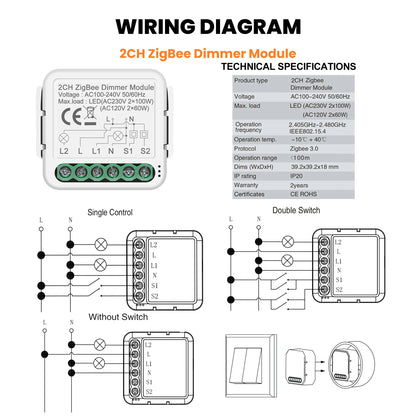 GIRIER Tuya Smart ZigBee 3.0 Dimmer Switch Module WiFi Breaker Relay for Dimmable Bulb Supports 2-way Control Works with Alexa