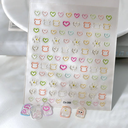 3D Embossed Nail Stickers - Cute Hollow Bear Heart Flower Decals Self-Adhesive Nail Art Sticker for Women Girls DIY Manicure
