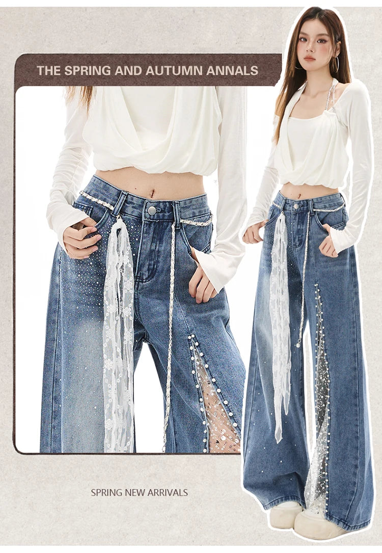 Women Jeans Pants Baggy Jeans Spring Flare Trousers Lace Applique Crystal Wide Leg Pearl Slit Distressed Design