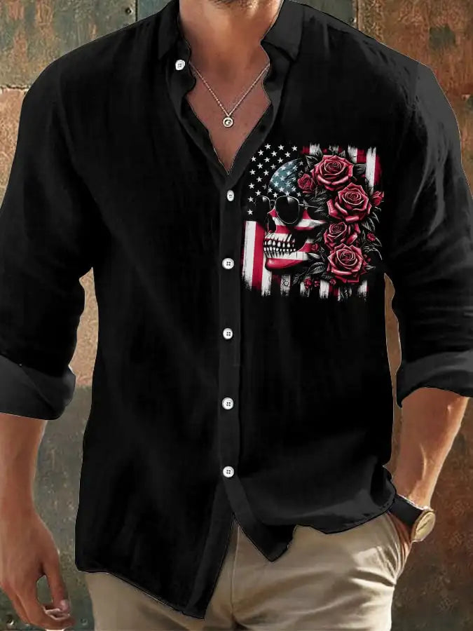 Halloween Men's Dark Skull Prints Casual Long Sleeve Shirt-Vintage Skull Floral Print,Regular Fit,Lapel Collar, Polyester Blend