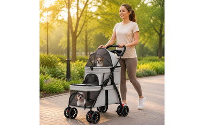 Double-Deck Pet Stroller Lockable Wheels Small Dog Feline Stroller Pet Transport Storage Pockets Removable Liner for Outdoor