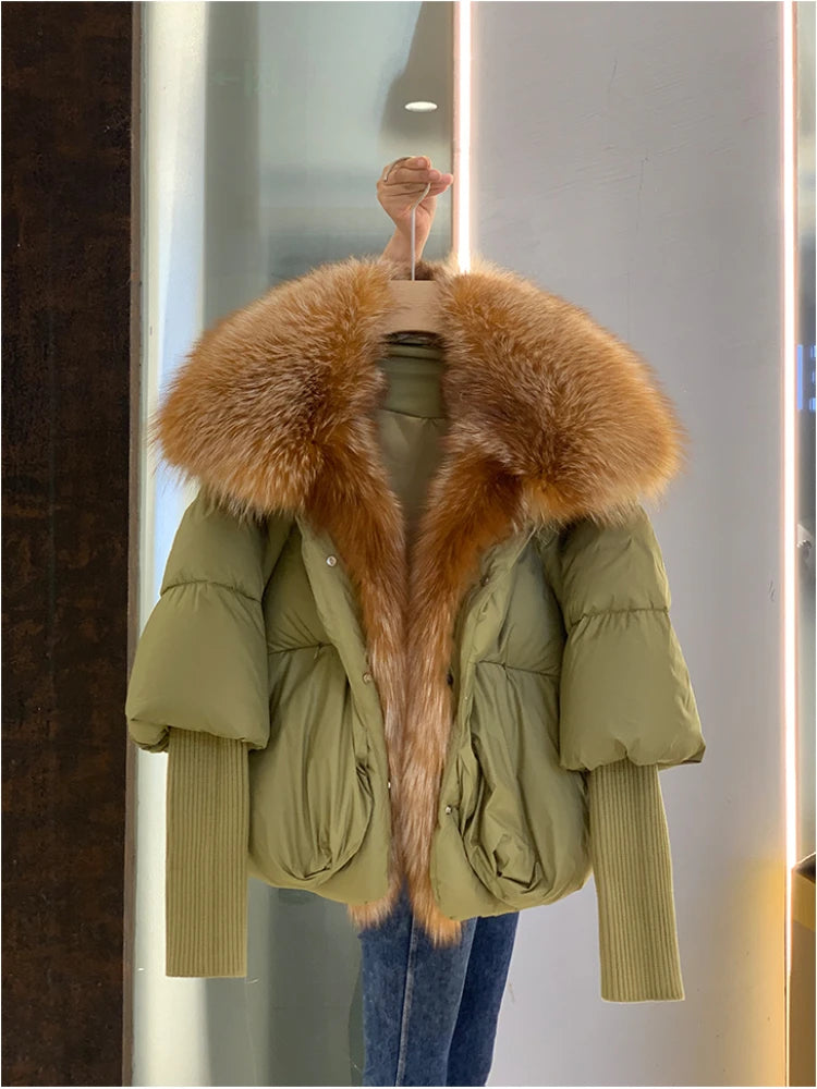 Oversized Winter Warm Real Fox Fur Collar Black Down Coat Women Puffer Outerwear Jackets 2024 Autumn Winter