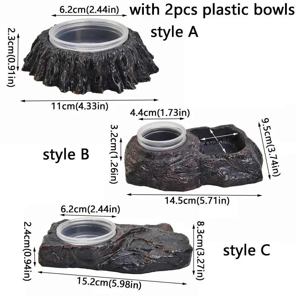 Imitation Stone Resin Rock Feeder Dish Wear Resistant Anti-knock Pet Feeder Ledge with Bowls Wide Mouth Reptile Food Bowl