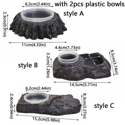 Imitation Stone Resin Rock Feeder Dish Wear Resistant Anti-knock Pet Feeder Ledge with Bowls Wide Mouth Reptile Food Bowl