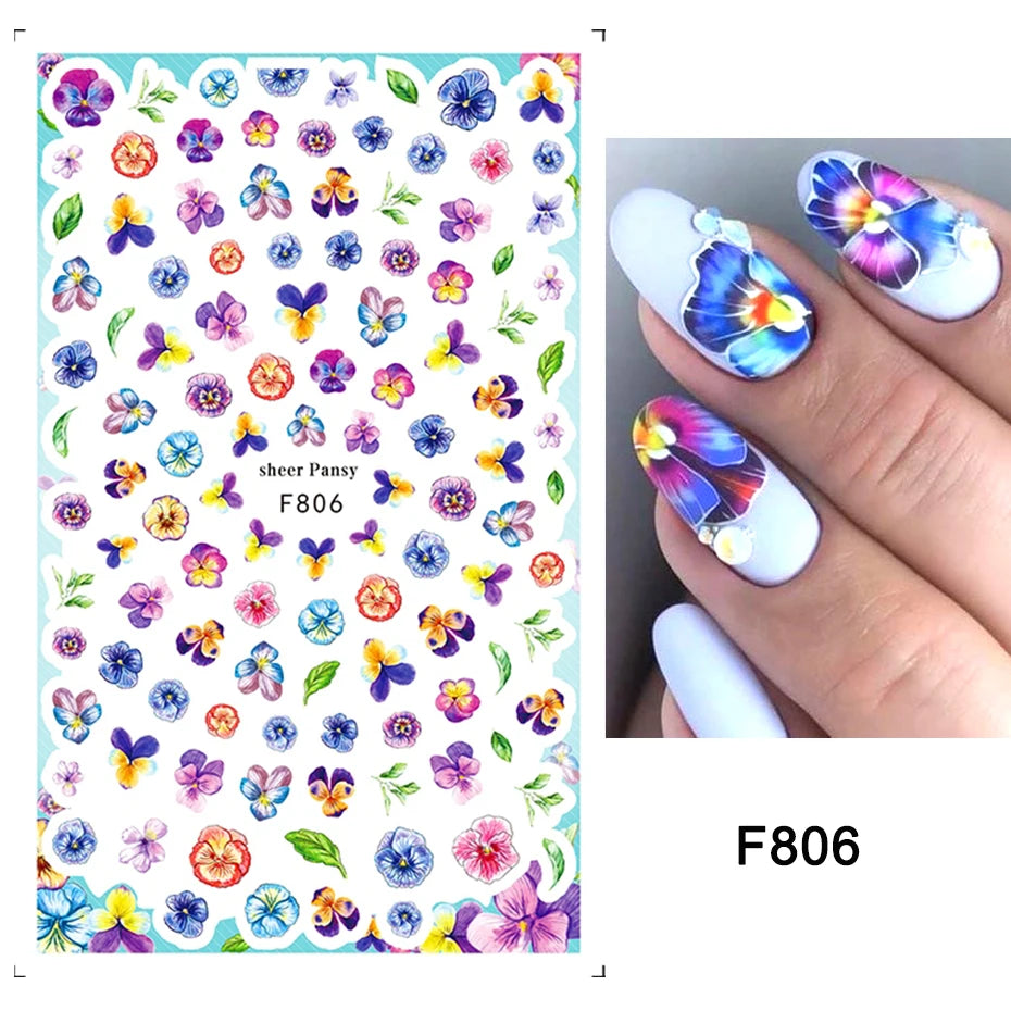 3d Nail Art Decals Watercolor Florals Purple Green Pink Flowers Leafs Fruit Adhesive Sliders Nail Stickers For Manicure