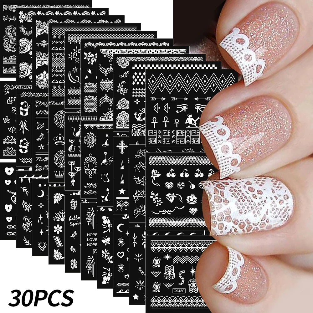 30 Sheets Christmas Nail Art Stickers Self Adhesive 3D White Snowflake Nail Decals Xmas Nail Supplies Christmas Manicure Sliders