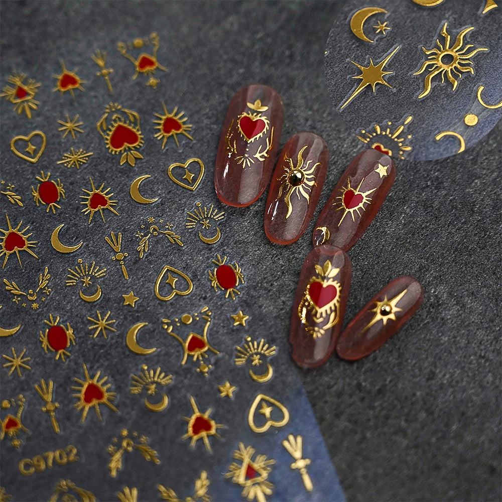 1pcs 3D Bronzing Gold Love Heart Nail Art Stickers Y2K Holographic Stars Sun Starlight DIY Nail Decals Heart Manicure Decoration