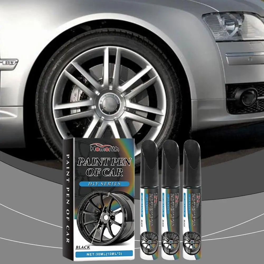 3pcs Black Alloy Wheel Scratch Repair Pen Set Professional Car Rim Scuff Remover DIY Touch-Up Paint Kit for Gloss Black Wheels
