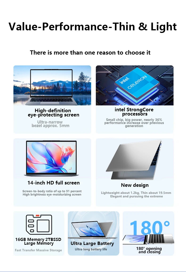 LENO 14.1"Laptop  Windows 11 16GB RAM 2TB SSD Intel N3700 Ultra Slim Notebook Gamer 1920*1080  Display Office Study Computer PC