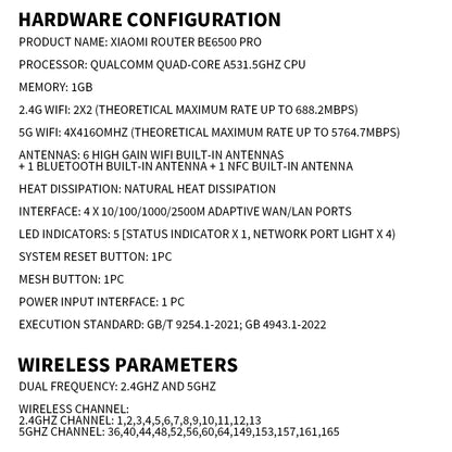 New Xiaomi Router BE6500 Pro WiFi 7 2.4/5GHz Mesh Dual Band Qualcomm 4-Core Processor Chinese Version,With adapter