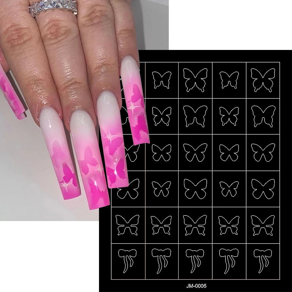 24-Design Airbrush Stencil Nail Stickers 1Pcs Butterfly/Heart/French Line Nail Decal Adhesived DIY Nail Template Airbrush Slider